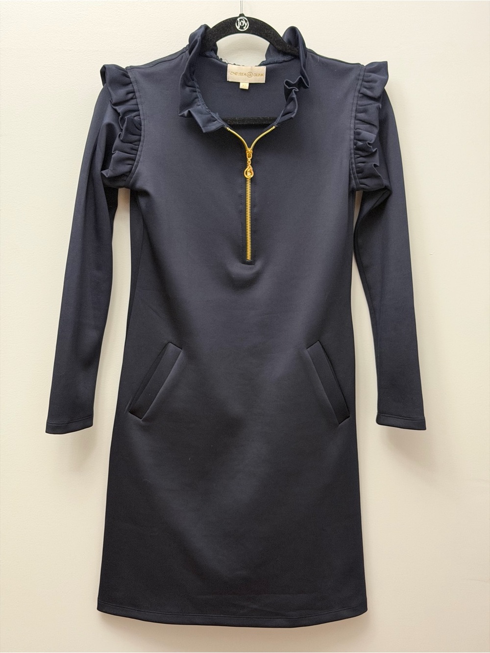 Chelsea Gunn Navy Ruffle Sleeve Half-Zip Dress